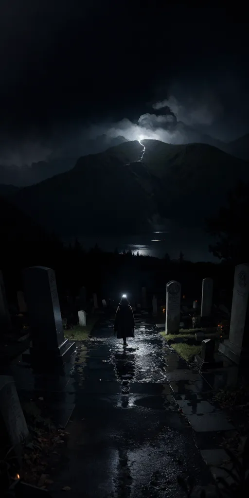 This is a picture of a cemetery at night. There is a person walking down the path, probably with a flashlight, it's dark and it's raining. There is a mountain in the distance with a lightning bolt striking it. The person is wearing a long black coat. The cemetery is full of tombstones.