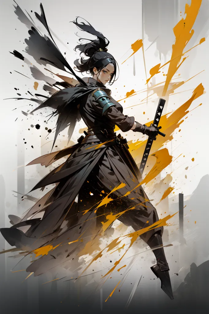 A imagem é de uma samurai feminina. Ela está usando um quimono preto com um obi branco. Ela tem uma katana na mão direita e um wakizashi na mão esquerda. Ela está em uma posição dinâmica, com os pés à largura dos ombros e os braços estendidos. Seu cabelo é longo e preto, e ela tem uma expressão determinada no rosto. O fundo é um borrão de laranja e preto.