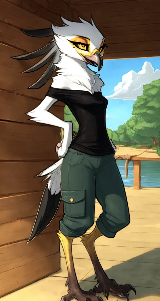 The image is of a tall, slender, anthropomorphic secretary bird with pale gray and black feathers, dark yellow eyes, and a light orange beak. She is wearing a black T-shirt and green cargo pants. She is standing in a relaxed pose, with her right hand on her hip and her left hand hanging at her side. She is standing in front of a wooden wall with a door on the left and a large window on the right. The window looks out onto a lake surrounded by trees. The sky is blue and there are some clouds in the distance.