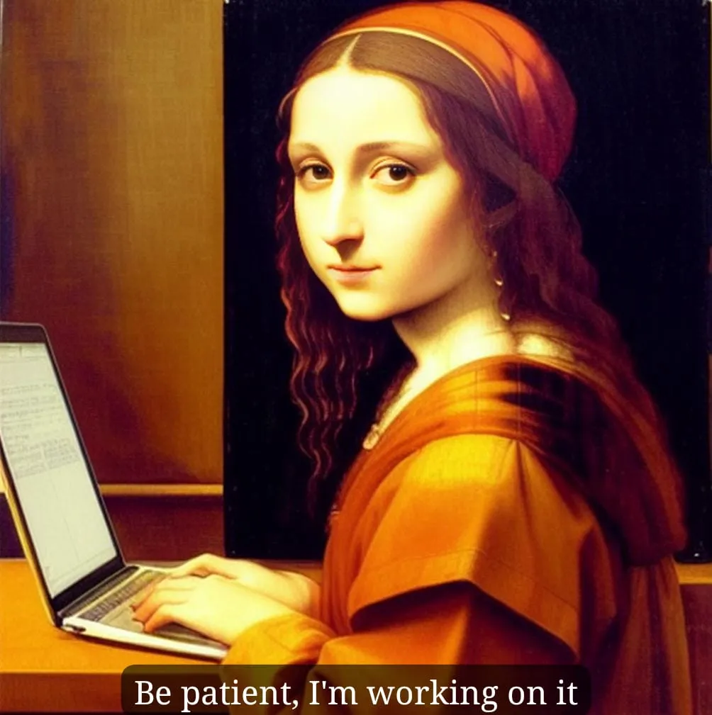 This image shows a young woman dressed in Renaissance clothing. She is wearing a red and gold head covering and an orange dress with a white camisole. The woman is sitting at a wooden table and working on a laptop. She has one hand on the keyboard and the other on the mouse. The woman is looking at the screen with a focused expression. The background of the image is a dark brown color. The overall appearance of the image is soft and painterly.