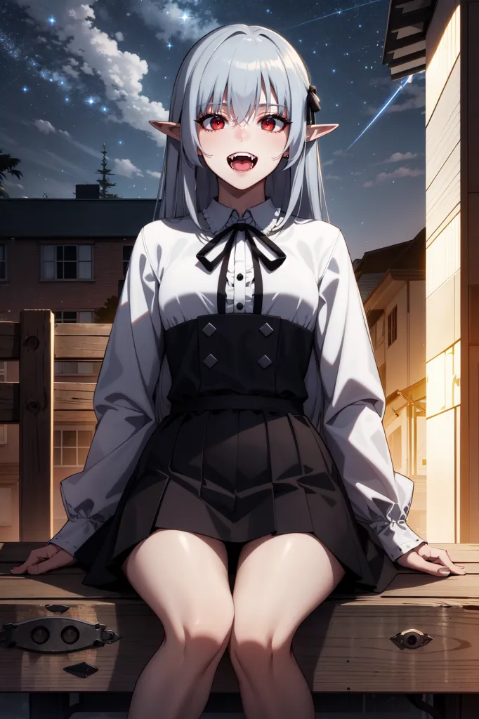 La imagen es de una chica de anime con el cabello largo y plateado y ojos rojos. Lleva una blusa blanca, un chaleco negro y una falda negra. Está sentada en un banco en un pueblo. El fondo es un cielo nocturno con estrellas y nubes. La chica tiene una sonrisa en su rostro y se le ven los colmillos.