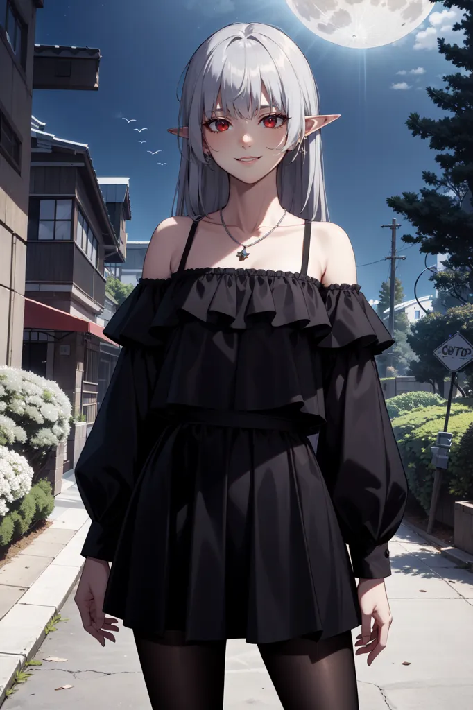 The image is a portrait of a beautiful anime girl with long silver hair and red eyes. She is wearing a black off-the-shoulder dress with a ruffled neckline. The dress is short, showing off her long legs. She is also wearing black stockings and black boots. The girl is standing in a street with a traditional Japanese house in the background. The sky is blue, and the sun is shining. The girl is smiling and has a happy expression on her face.