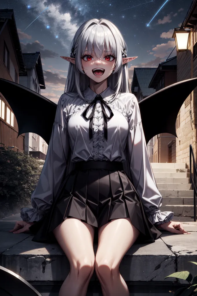 The image is of a beautiful anime girl with long white hair, red eyes, and bat wings. She is wearing a white blouse, a black skirt, and a red bow tie. She is sitting on a ledge in a European-style city. There are buildings on either side of her and a street lamp behind her. The sky is dark and there are stars and a shooting star in the sky.