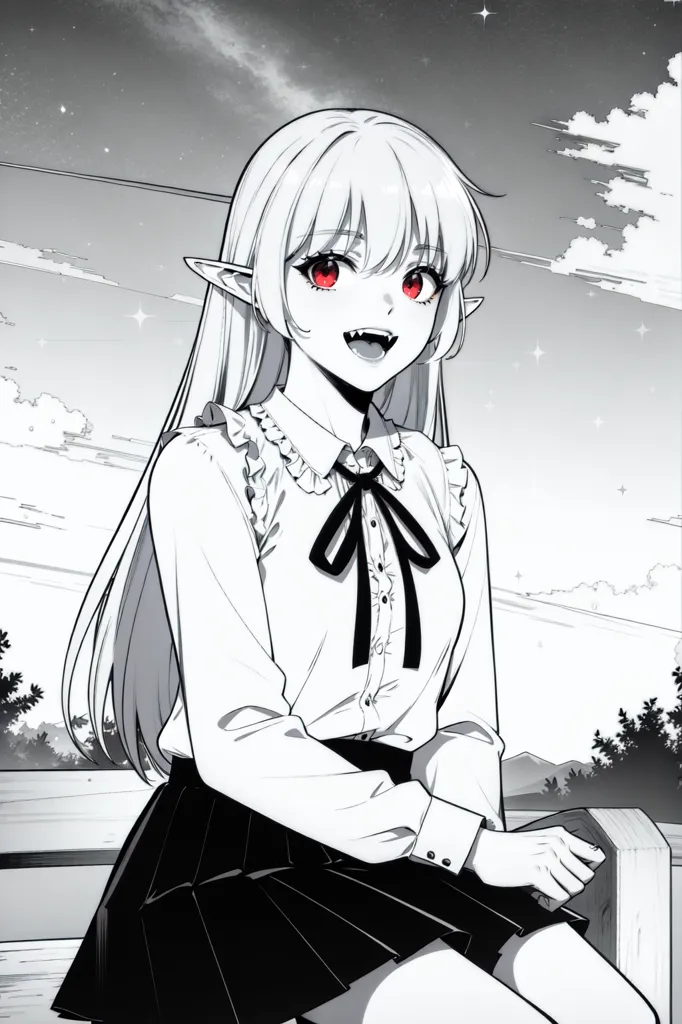 The image is a black and white anime-style drawing of a young woman with long white hair, red eyes, and sharp teeth. She is wearing a white blouse with a black bow and a black skirt. She is sitting on a bench in front of a night sky. The background is a dark, cloudy sky with a few stars. The woman has a smile on her face and is looking at the viewer.