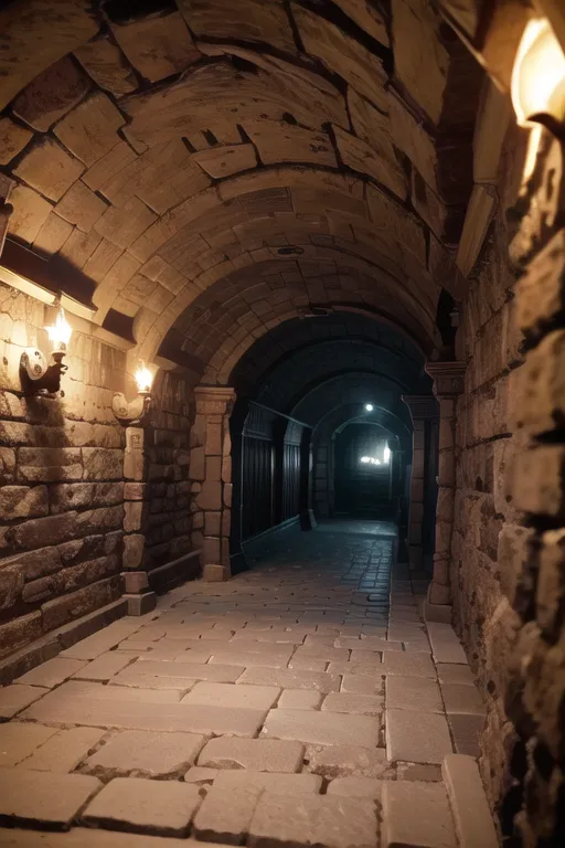 The image is a long, dark hallway with stone walls and a stone floor. The walls are lit by sconces with candles. The hallway is arched and there are doors on either side. At the end of the hallway is a bright light.