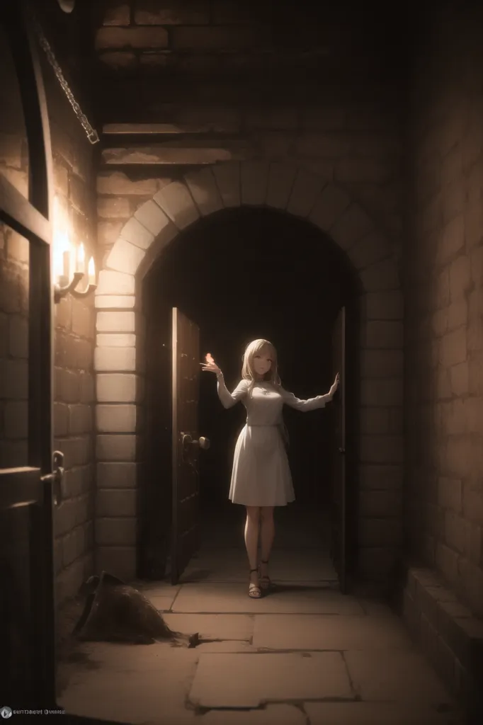 The image is a dark and mysterious hallway. The only light comes from two candles on the wall and a glowing butterfly. A girl is standing in the middle of the hallway, her hand outstretched to the butterfly. She is wearing a white dress and has long blond hair. Her eyes are closed and she looks peaceful. The image is full of mystery and wonder. It is unclear what is happening, but it is clear that the girl is in a state of peace and tranquility.