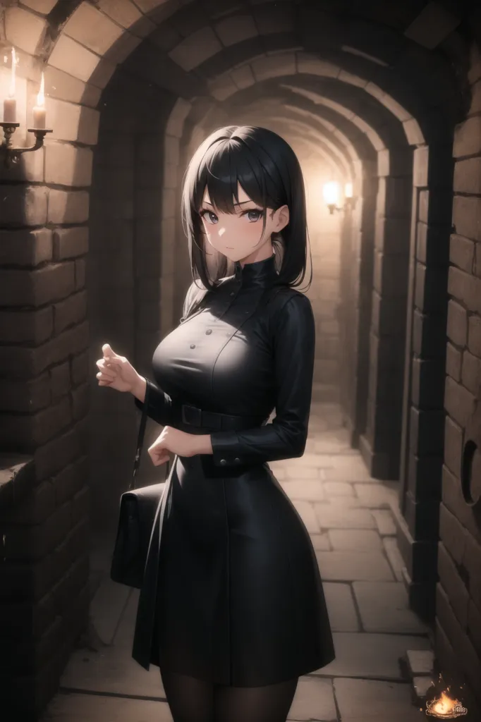 The image is of a young woman with long black hair and purple eyes. She is wearing a black dress with a white collar and a black belt. She is also wearing black stockings and black shoes. She is standing in a dark hallway with a stone floor and brick walls. There are candles on the walls and a torch on the floor. The woman is looking at the viewer with a serious expression.