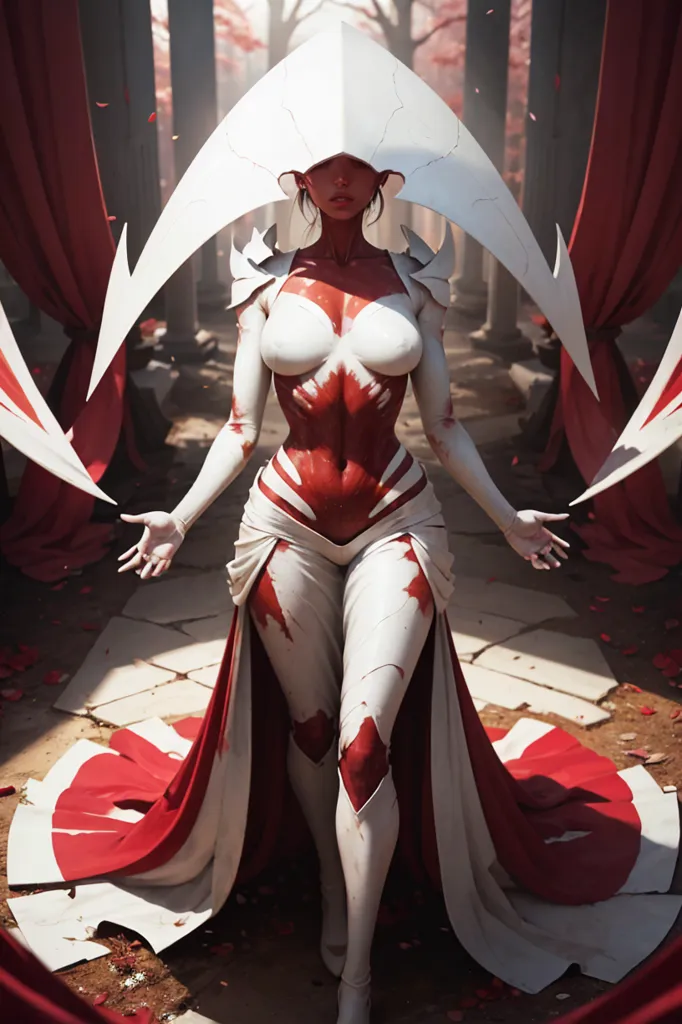 This image is of a tall, slender woman with red and white skin. She is wearing a white bodysuit with red markings and a white and red headdress. She is also wearing red and white boots. She is standing in a room with red and white columns. There are red petals on the ground.