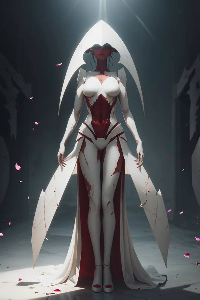 This image shows a tall, slender woman standing in a dark room. She is wearing a white bodysuit with red accents and a white headdress. Her eyes are closed and her expression is serene. The room is dark and there is a spotlight shining down on her. There are also some pink petals falling around her.