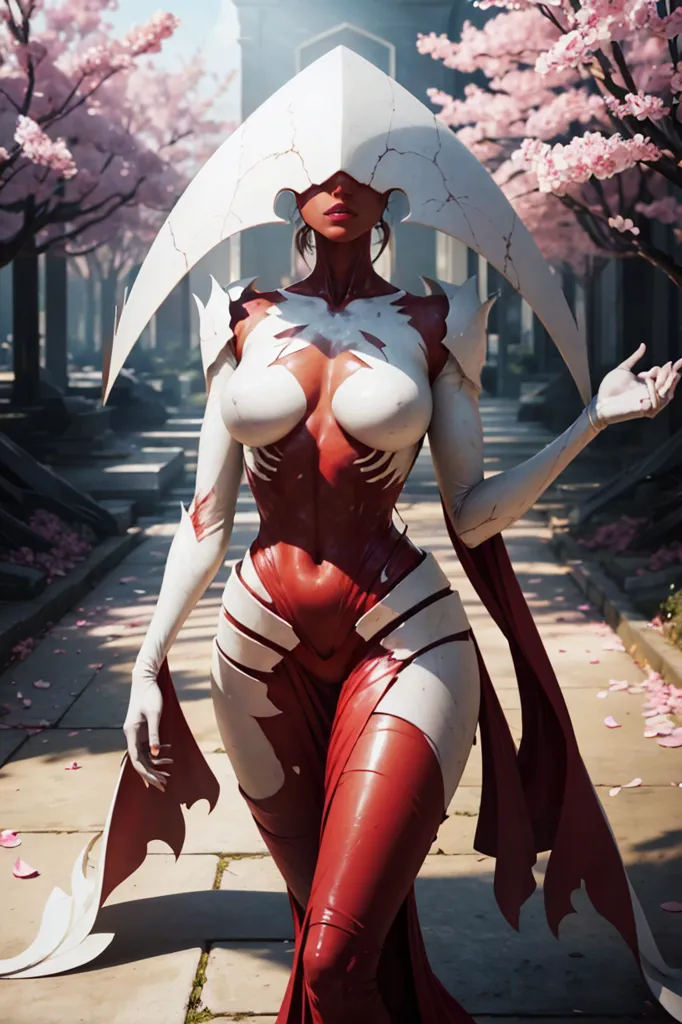 This is an image of a tall, slender woman with red skin and white hair. She is wearing a white and red bodysuit with a high collar and a long flowing cape. The bodysuit has several cutouts that reveal her skin. She is also wearing a pair of white boots and a pair of white gloves. The woman is standing in a forest of cherry trees. The trees are in bloom and their petals are falling to the ground. The woman is looking at the viewer with a serious expression on her face.