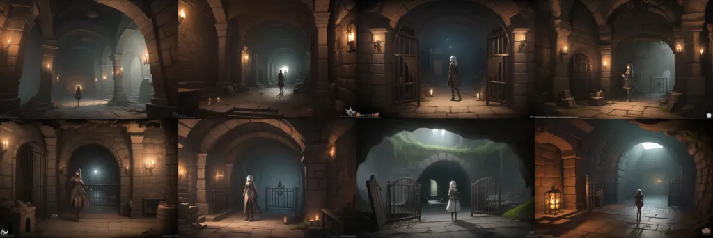 The image is a dark and mysterious dungeon. The walls are made of rough-hewn stone, and the floor is covered in dust and cobwebs. There are no windows, and the only light comes from a few flickering torches.

In the center of the dungeon is a young woman. She is dressed in a white dress, and her hair is long and flowing. She is holding a candle, and she looks around the dungeon with a sense of trepidation.

The woman is surrounded by danger. There are monsters lurking in the shadows, and she must be careful not to make any noise. If she does, they will surely attack her.

The woman must find a way to escape from the dungeon, but she knows that it will not be easy. She must be brave and resourceful, and she must never give up hope.