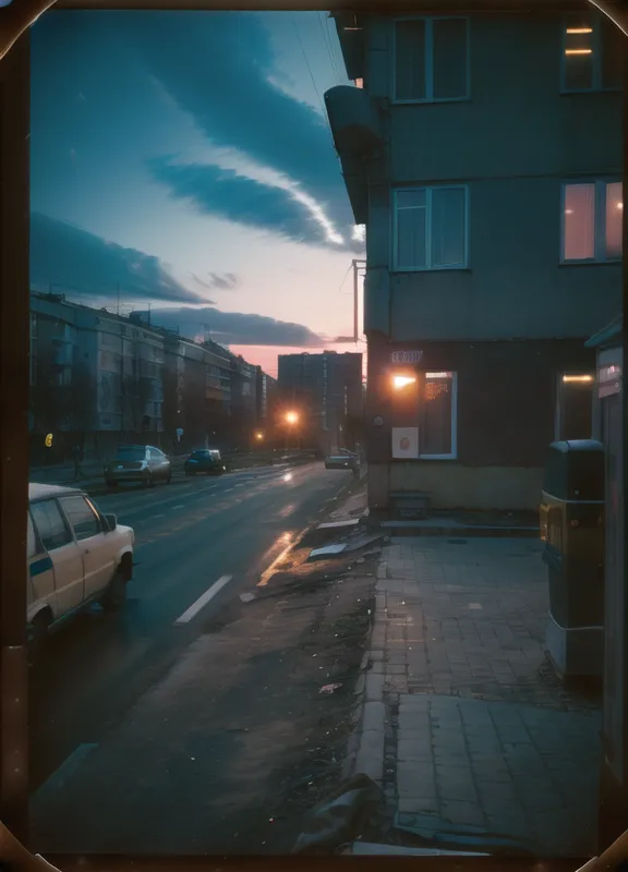 The image is a street scene in a small town. It is dusk, and the street is lit by a few streetlights. There are a few cars parked on the street, and a few people are walking. The buildings are mostly two or three stories tall, and they are made of brick or concrete. The sky is cloudy, and the sun is setting. The image is in muted colors, and it has a somewhat nostalgic feel to it.