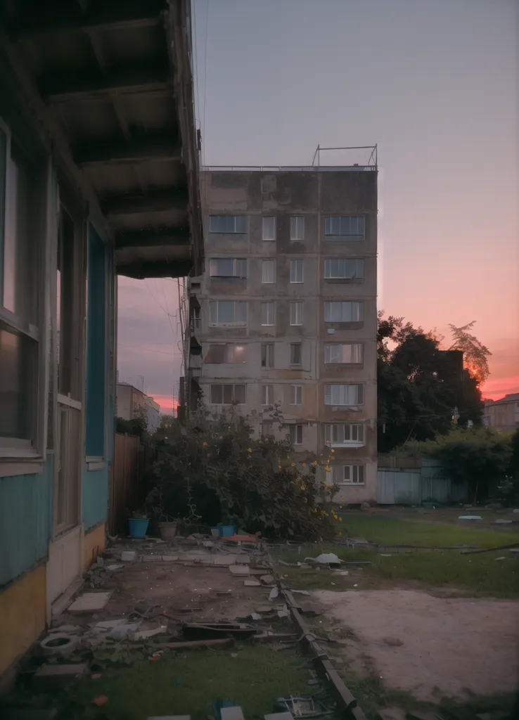 The image shows a view of a residential area in the evening. There is a tall apartment building in the background, with the sun setting behind it. The building is made of concrete and has many windows. In the foreground, there is a courtyard with a swing set and some trees. The courtyard is surrounded by a fence. There is a blue plastic bucket on the ground. The sky is a gradient of purple and pink.