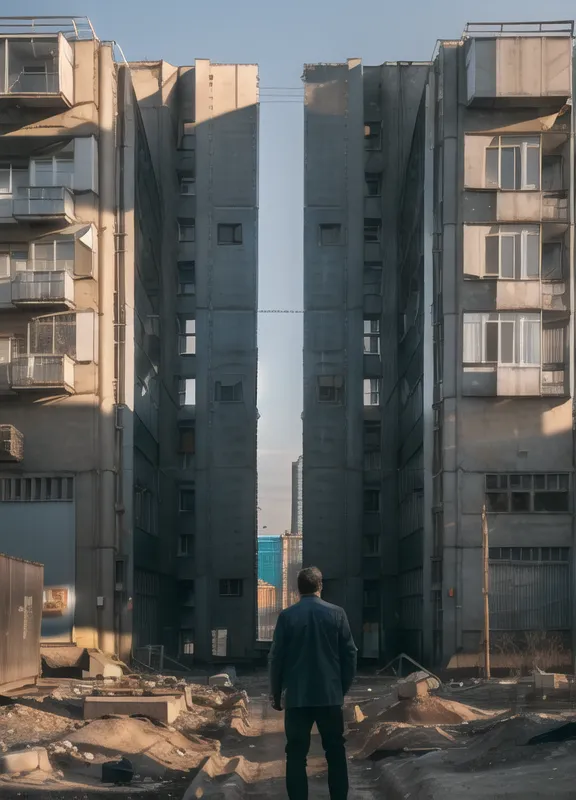 A imagem mostra um homem em pé entre dois prédios de apartamentos altos e abandonados. Os edifícios são feitos de concreto e têm pequenas janelas quadradas. O homem está vestindo um terno e gravata pretos e olha para o chão. O chão está coberto de escombros e detritos. O céu está azul e não há nuvens no céu. A imagem é pós-apocalíptica e transmite uma sensação de isolamento e desesperança.