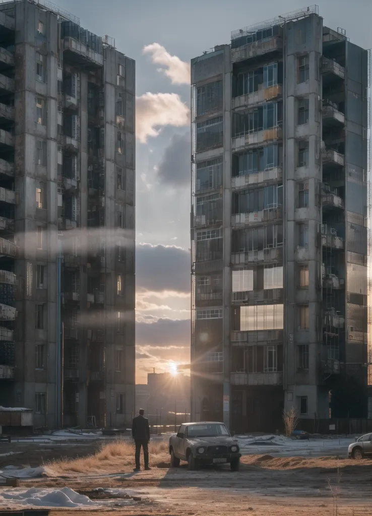 La imagen muestra dos altos edificios de apartamentos abandonados con un hombre de pie entre ellos. Los edificios están hechos de hormigón y tienen muchas ventanas. El hombre lleva un traje y corbata y lleva un maletín. Está mirando los edificios. El sol se está poniendo detrás de los edificios. Hay un coche aparcado delante de los edificios. El suelo está cubierto de nieve. La imagen es post-apocalíptica y transmite una sensación de aislamiento y soledad.