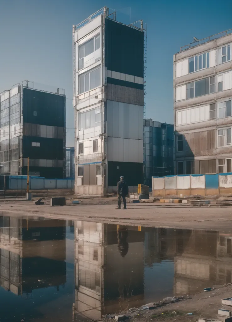 The image shows an abandoned construction site. There are several tall buildings that are unfinished and covered in scaffolding. The buildings are made of concrete and have a brutalist style. The ground is covered in mud and there is a large puddle of water in the foreground. There is a man standing in the middle of the puddle, wearing a black coat and hat. The sky is blue and there are no clouds. The image is post-apocalyptic and has a feeling of hopelessness.