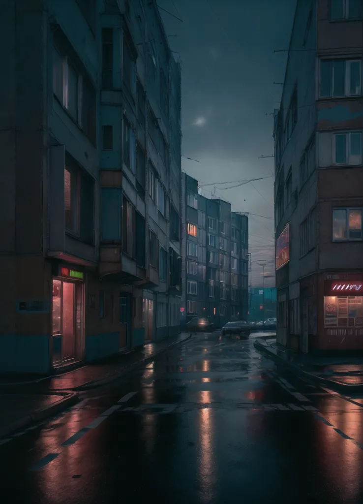 La imagen es un paisaje urbano oscuro y lluvioso. La calle está mojada y vacía, con la única luz proveniente de las farolas y las ventanas de los edificios. Los edificios son altos e imponentes, y la atmósfera general es de misterio y suspense.