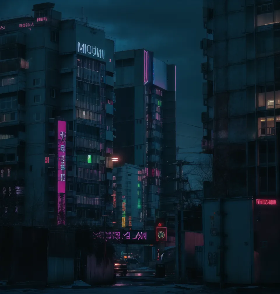 L'image se déroule dans une ville sombre et pluvieuse. Les bâtiments sont grands et imposants, et les rues sont vides. La seule lumière provient des enseignes au néon et des phares de quelques voitures. L'atmosphère générale est celle du mystère et de l'intrigue.

Au premier plan de l'image, il y a un grand bâtiment avec une enseigne rouge qui dit \