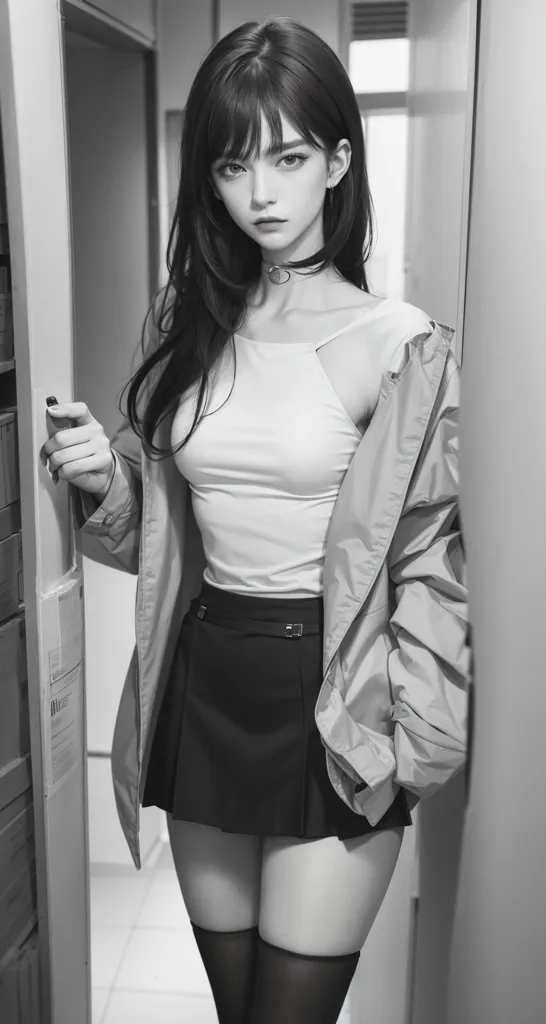 The image is in black and white. It shows a young woman standing in a doorway. She is wearing a white tank top, a black pleated skirt, a black jacket, and black boots. She has long black hair and a choker around her neck. She is looking at the camera with a serious expression.