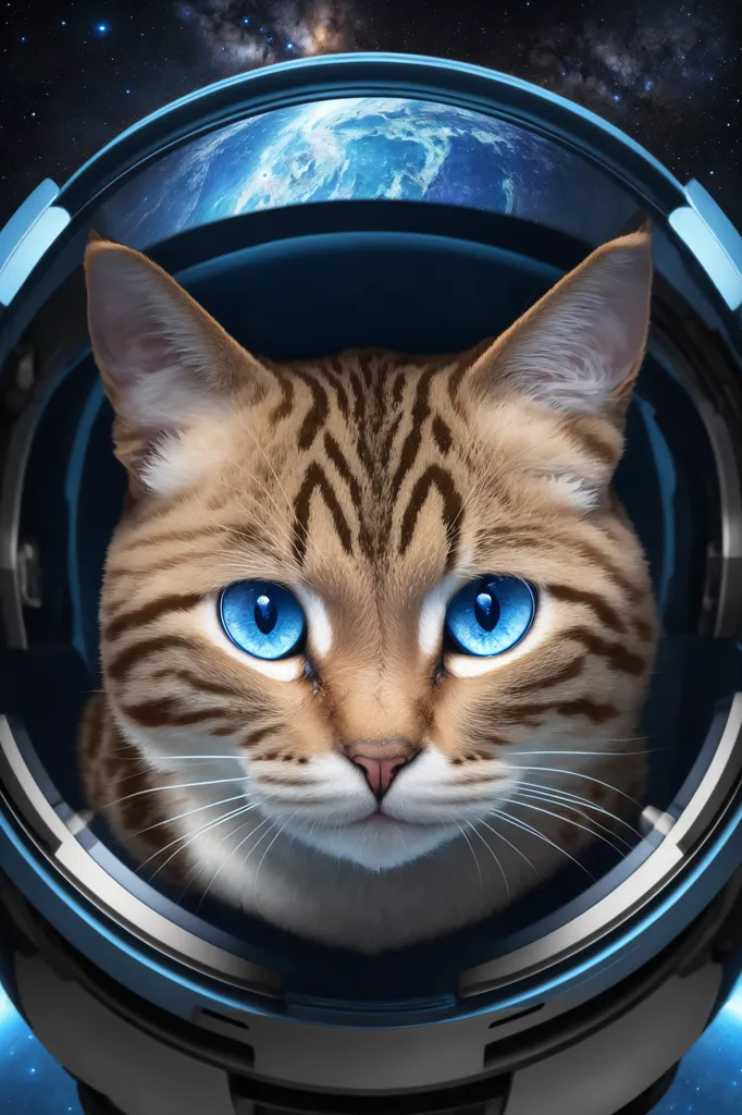 これは宇宙ヘルメットを着けた猫の画像です。猫の大きな青い目がカメラを見つめています。ヘルメットは青と灰色で、猫が外を見られるようにクリアなバブルがついています。猫の毛は茶色で黒い縞模様があり、お腹は白です。背景は黒で、星と青と白の地球が映っています。