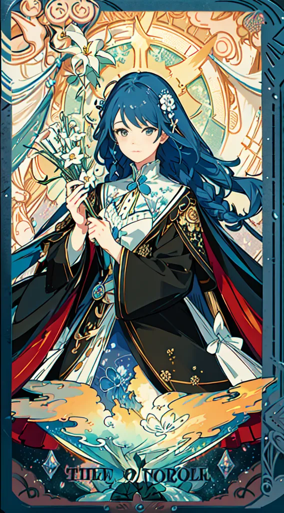 L'image représente une jeune femme aux longs cheveux bleus portant une robe noire et bleue avec des bordures blanches et dorées. Elle se tient devant un fond bleu et blanc avec une horloge en arrière-plan. Il y a également de petites fleurs blanches en arrière-plan. La femme tient un lys blanc dans sa main droite. Elle a une expression sérieuse sur le visage. L'image est de haute qualité et les couleurs sont vives. Les cheveux de la femme sont soufflés par le vent et sa robe flotte. L'image est très détaillée et l'expression de la femme est très réaliste.