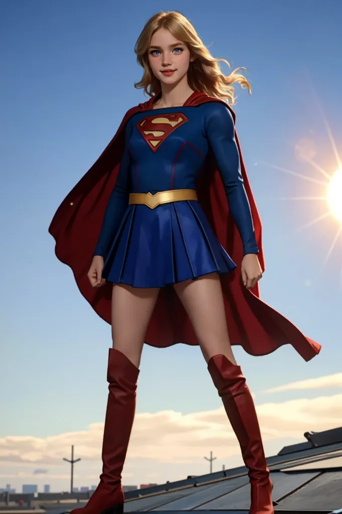 The image shows a young woman standing on a rooftop. She is wearing a blue and red superhero costume with a red cape. The woman has long blond hair and blue eyes. She is looking at the viewer with a confident expression. The background of the image is a bright blue sky with a shining sun.