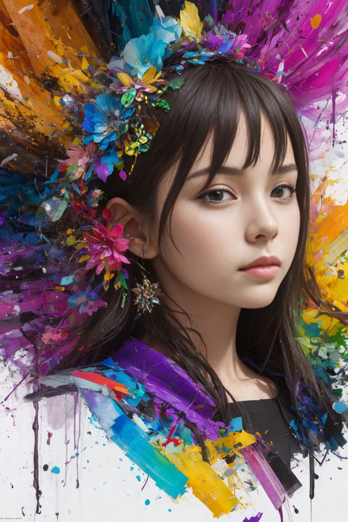 The image is a portrait of a young woman with long black hair and brown eyes. She is wearing a black shirt and has a colorful floral headdress on her head. The background is a bright, abstract pattern of various colors. The woman's expression is serious and thoughtful.