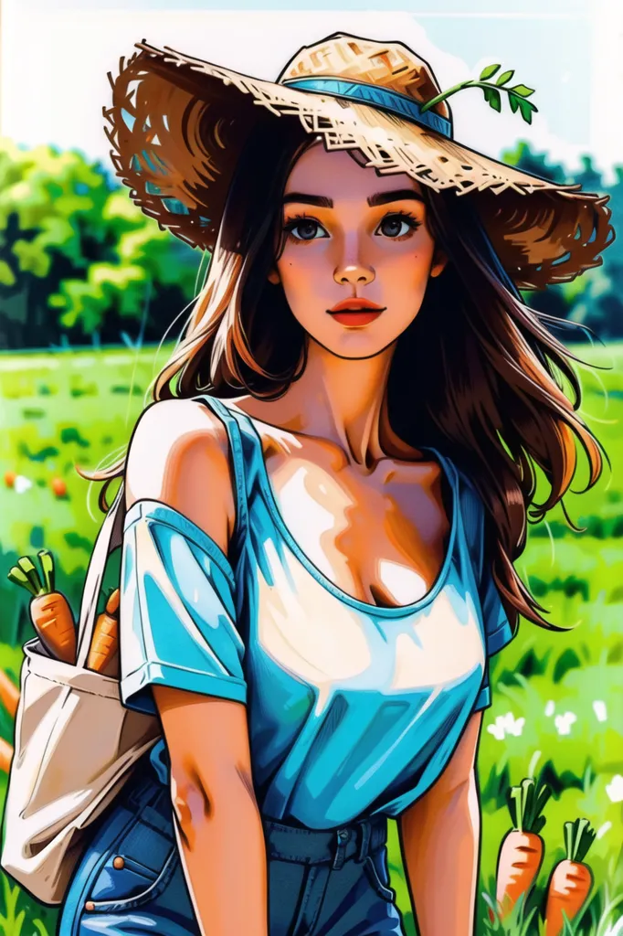 This is an image of a beautiful young woman wearing a straw hat and a blue tank top. She is standing in a field of carrots, holding a basket full of carrots. The woman has long, wavy brown hair and green eyes. She is smiling at the camera. The background is a blur of green grass and flowers.