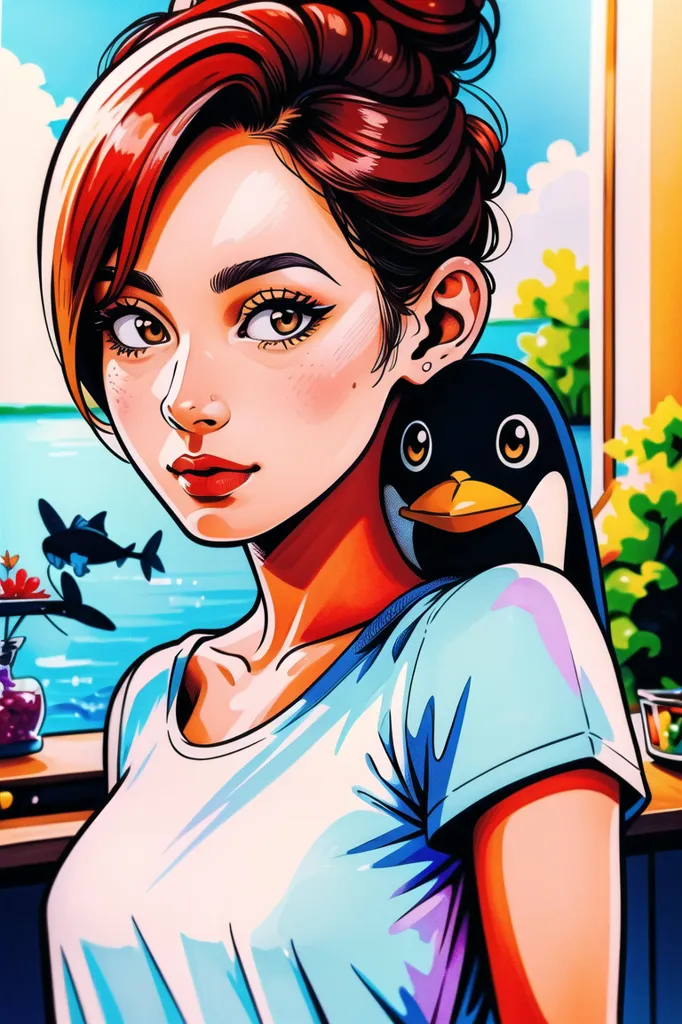 This is a picture of a young woman with red hair and brown eyes. She is wearing a white shirt and has a penguin on her shoulder. The background is a blue sky with clouds. The woman is standing in front of a window.