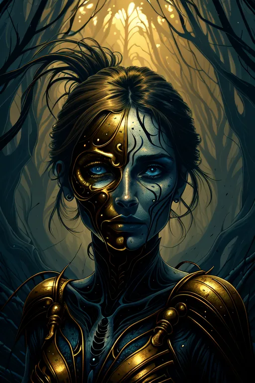 The image is a portrait of a woman with a half golden mask covering her face. The mask has intricate golden patterns and circuitry. Her eyes are blue and her skin is pale. She has a determined expression on her face. She is wearing a black and gold outfit with a high collar. The background is dark with a hint of light in the top left corner.