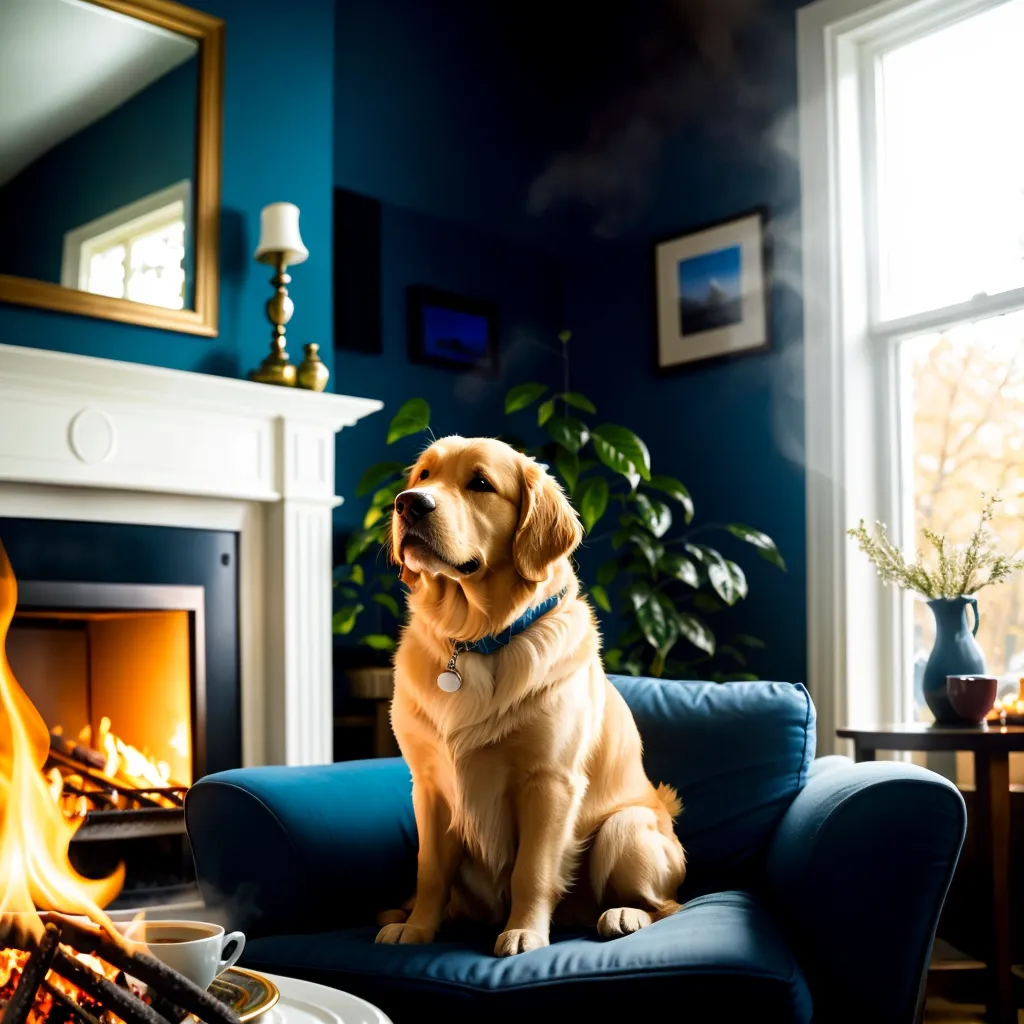 Um cão golden retriever está sentado em uma poltrona azul em frente a uma lareira. O cão tem um colar azul com uma etiqueta nele. Há uma pequena mesa ao lado da poltrona com uma xícara e pires. Há um vaso na mesa com flores. Há uma planta ao lado da mesa. Há um espelho acima da lareira. Há uma imagem na parede ao lado da planta. Há uma janela na parede ao lado da lareira. Há um peitoril branco acima da lareira. Há um revestimento de tijolos cinza em torno da lareira. As paredes são azuis. O piso é branco. O teto é branco. A janela tem acabamento branco. A lareira tem uma grelha preta. O peitoril tem algumas peças de moldura. O cão está olhando para o lado. O cão tem uma expressão séria no rosto.