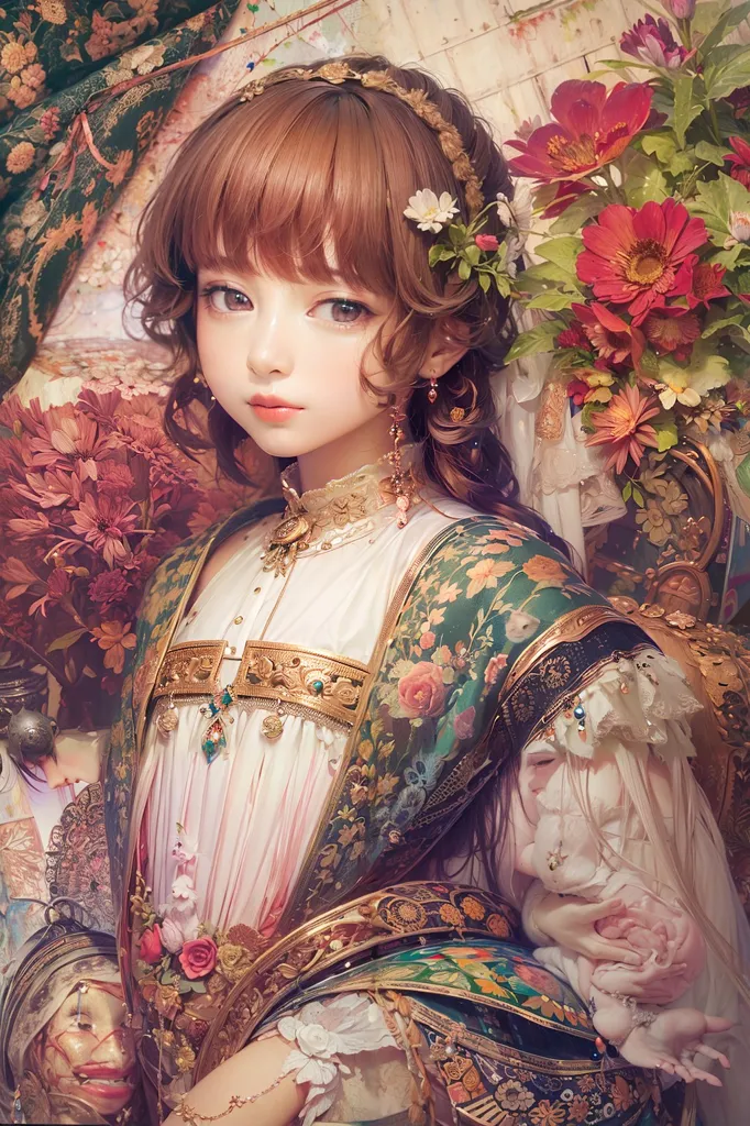 The image is a painting of a young girl with long brown hair and brown eyes. She is wearing a white dress with a green floral pattern and a gold necklace. There are flowers in her hair and around her neck. The background is a green floral pattern. The painting is in a realistic style and the girl's expression is serene.