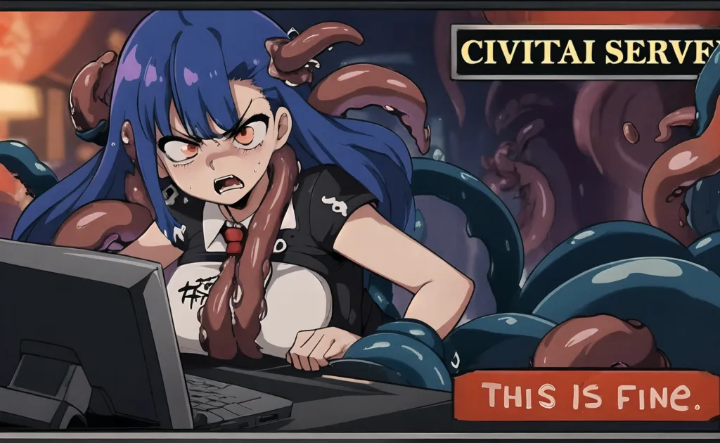 An anime-style illustration of a young woman with blue hair and purple eyes. She is wearing a black vest and white shirt. She is sitting at a desk with a computer on it. She has several octopus-like tentacles wrapped around her body. She has an irritated expression on her face and is saying "This is fine."