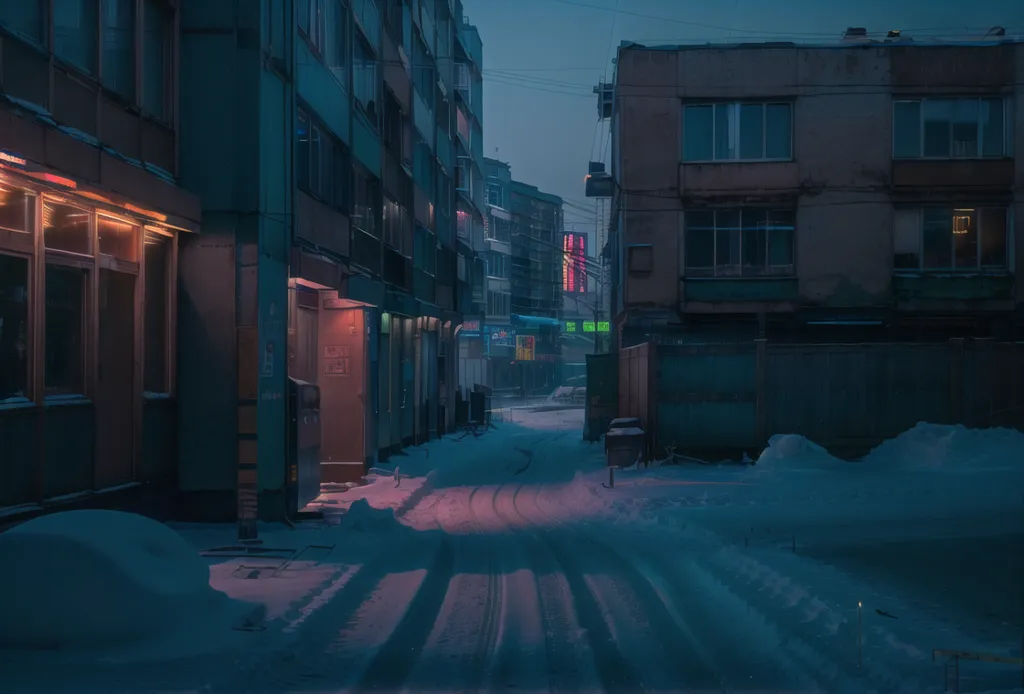 La imagen muestra una calle estrecha en una ciudad nevada. La calle está iluminada por algunas farolas y la nieve está iluminada por las luces. Los edificios a ambos lados de la calle son altos y tienen muchas ventanas. La calle está vacía, a excepción de algunos coches aparcados a un lado de la carretera. La imagen es muy atmosférica y captura la sensación de una noche fría de invierno.