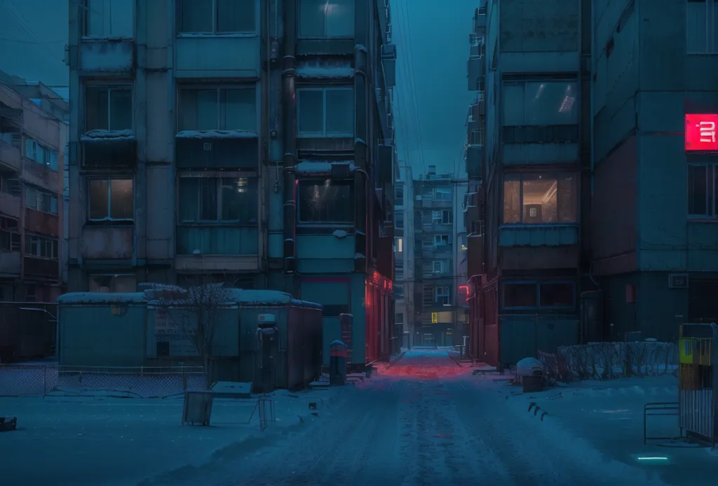 L'image montre une ruelle étroite entre deux immeubles d'appartements élevés dans une ville urbaine. La ruelle est recouverte de neige et une lueur rouge émane des bâtiments. Les bâtiments sont recouverts de neige et de glace, et la seule lumière provient des fenêtres et de quelques lampadaires. La ruelle est vide, à l'exception de quelques voitures garées et de quelques poubelles. Il fait nuit.