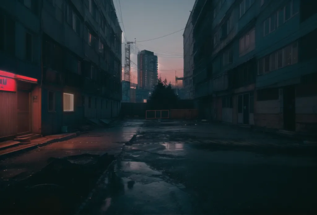 La imagen es una calle oscura y lluviosa en una ciudad. La calle está rodeada de edificios altos, y la única luz proviene de algunas farolas y las ventanas de los edificios. La calle está mojada por la lluvia y hay charcos de agua en el suelo. Un árbol a lo lejos se recorta contra el cielo. El ambiente de la imagen es de misterio y suspense.