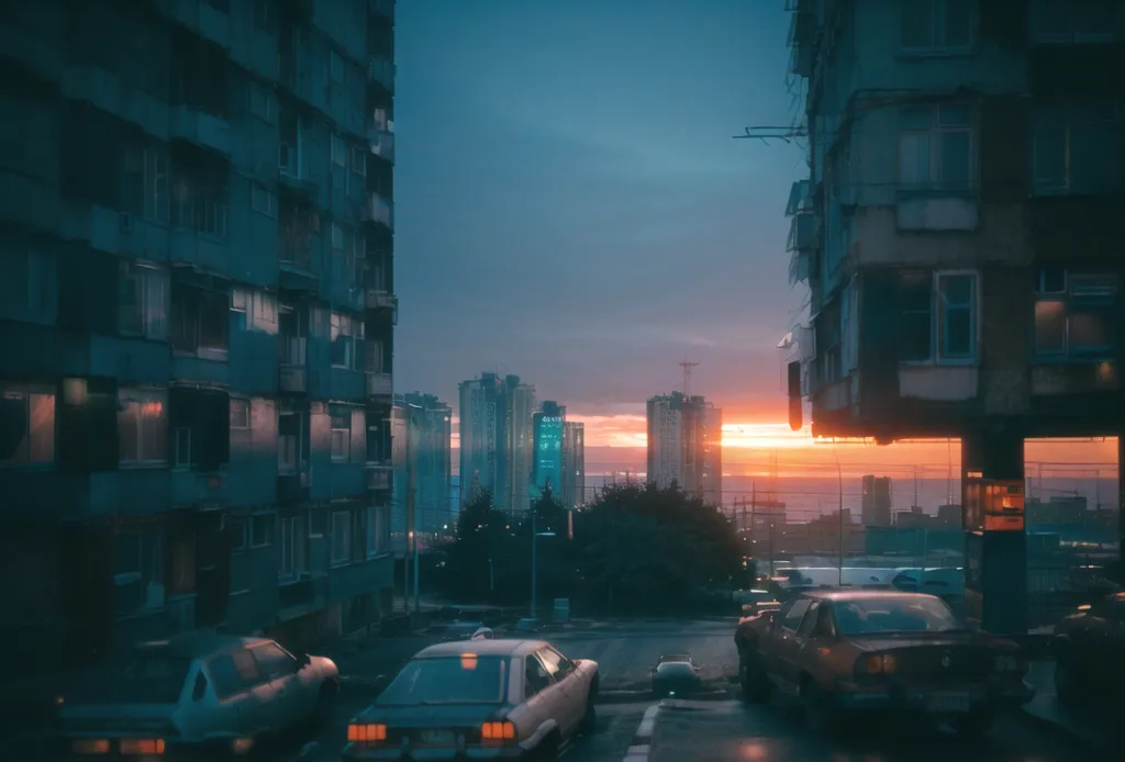 La imagen muestra una calle en una ciudad al atardecer. La calle está bordeada por altos edificios de apartamentos, y hay coches aparcados a ambos lados de la calle. También hay algunos árboles y arbustos bordeando la calle. El cielo es un degradado de naranja y azul, y el sol se está poniendo sobre la ciudad. Los edificios son principalmente azules y grises, con algunos acentos amarillos y naranjas. Los coches son en su mayoría blancos, negros y plateados. La imagen tiene un toque algo retro y es reminiscente de la década de 1980.