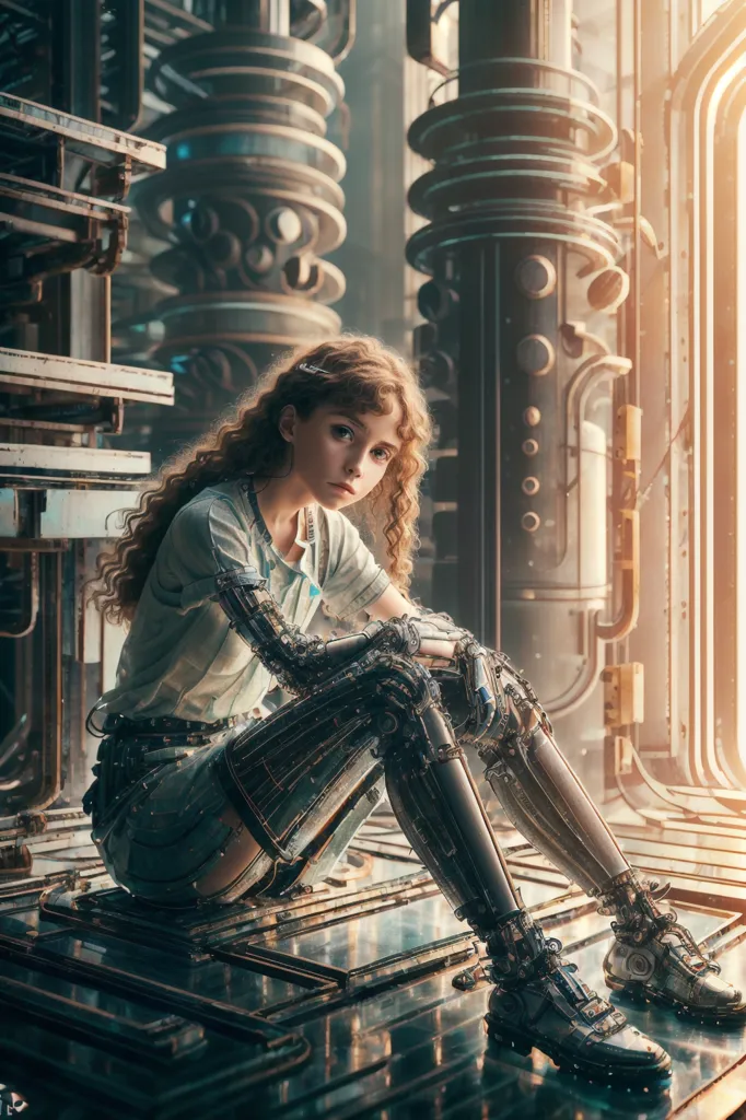 The image is a depiction of a young girl with cybernetic enhancements. She is sitting on a metal platform in what appears to be a futuristic setting. The girl is wearing a white shirt and blue jeans. Her right arm and both of her legs have been replaced with cybernetic prosthetics. The girl's expression is one of sadness and resignation. She appears to be lost in thought, contemplating her existence. The image is a powerful commentary on the impact of technology on humanity. It raises questions about the ethics of cybernetic enhancements and the potential for humans to become more machine than man.