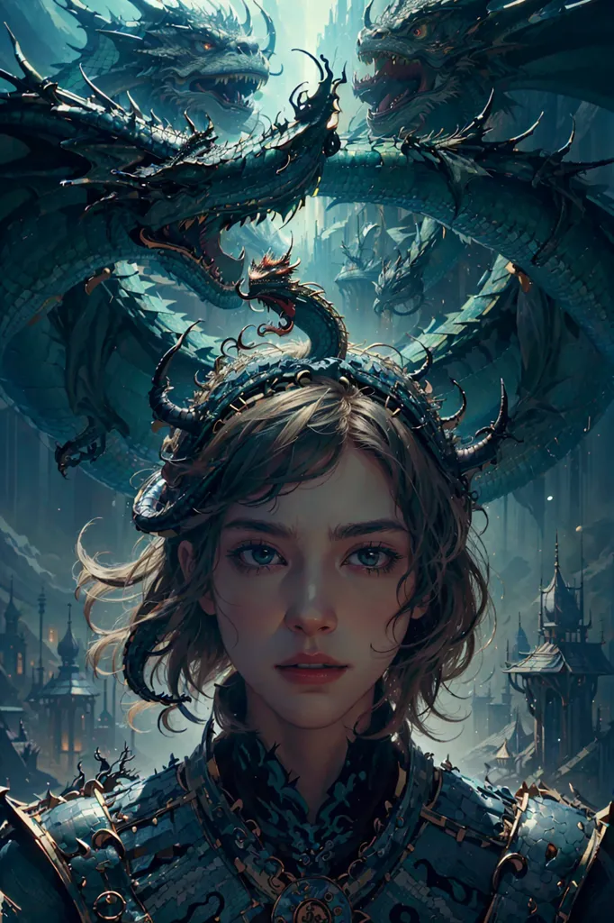 The image is a portrait of a young woman with long brown hair. She is wearing a suit of armor and has a circlet of gold with two small dragons on her head. She is looking at the viewer with a neutral expression. There are four dragons in the background of the image, two on either side of the woman. The dragons are all different colors, green, blue, red, and purple and they are all snarling at the woman.