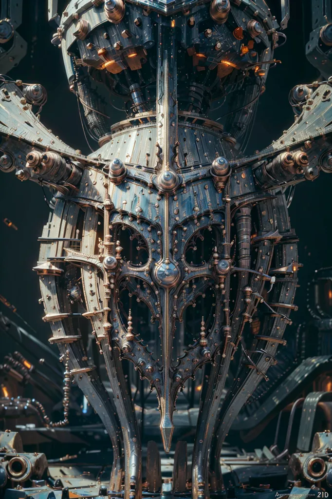 L'image est un gros plan d'une machine steampunk. La machine est faite de métal et a beaucoup d'engrenages et de tuyaux. Il y a un grand engrenage au centre de la machine et un certain nombre de plus petits engrenages autour. Il y a aussi un certain nombre de tuyaux et de tubes qui traversent la machine. La machine est très détaillée et semble provenir d'un film ou d'un jeu vidéo.