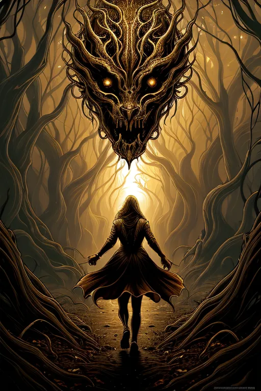 The image is a dark forest with a large tree in the center. The tree has a face carved into it, and it is looking down at a woman who is standing in front of it. The woman is wearing a long black dress, and she has her hands outstretched in front of her. The forest is dark and gloomy, and the only light comes from a few small moonbeams shining through the trees. The image is full of mystery and suspense, and it leaves the viewer wondering what will happen next.