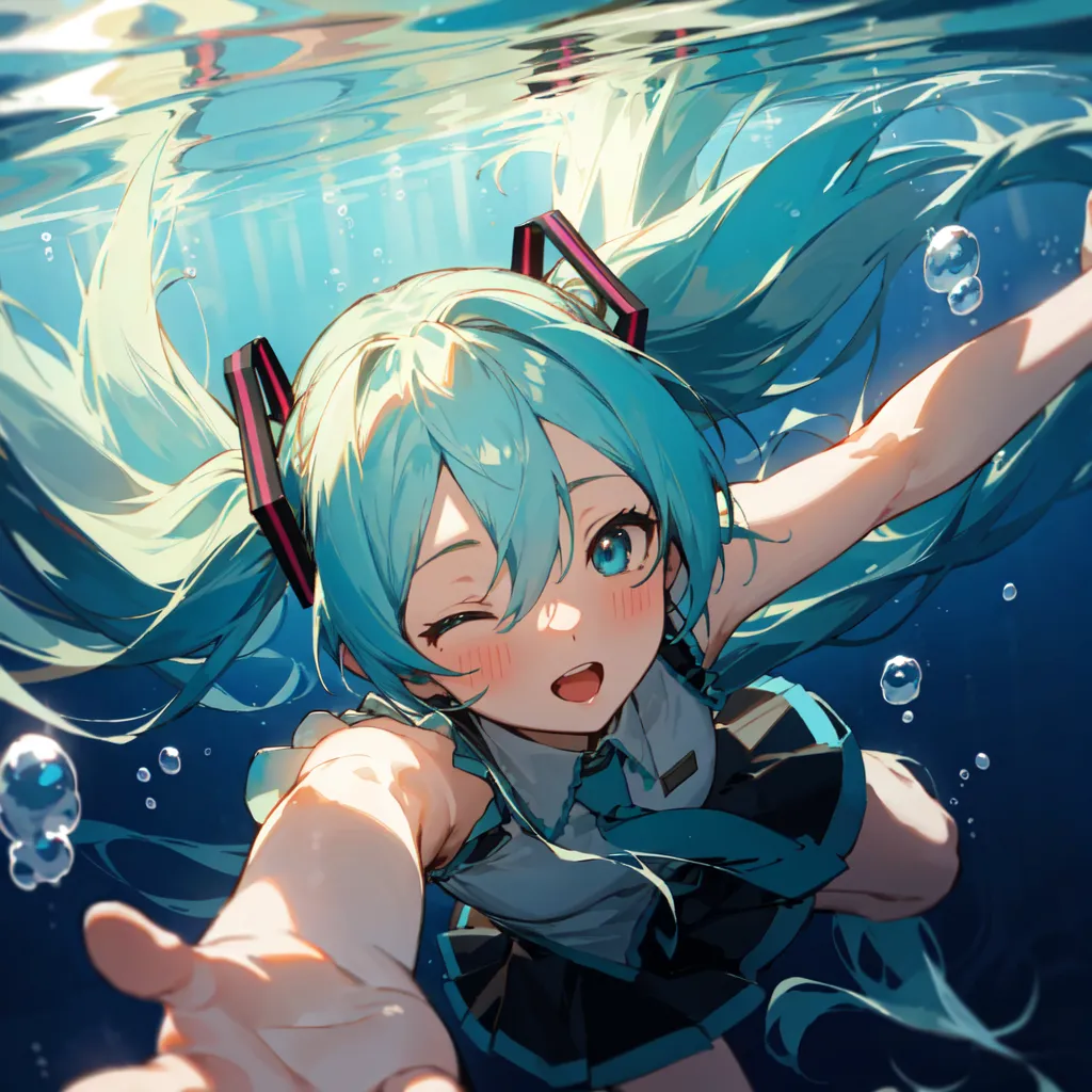 The image is a digital painting of a Vocaloid character named Hatsune Miku. She is depicted as a young girl with long, flowing teal hair and turquoise eyes. She is wearing a blue and white swimsuit with a pleated skirt and a pair of black boots. She is swimming underwater, and her body is surrounded by bubbles. She has a bright smile on her face, and she is winking at the viewer. The background of the image is a light blue color, and there are no other objects in the scene.