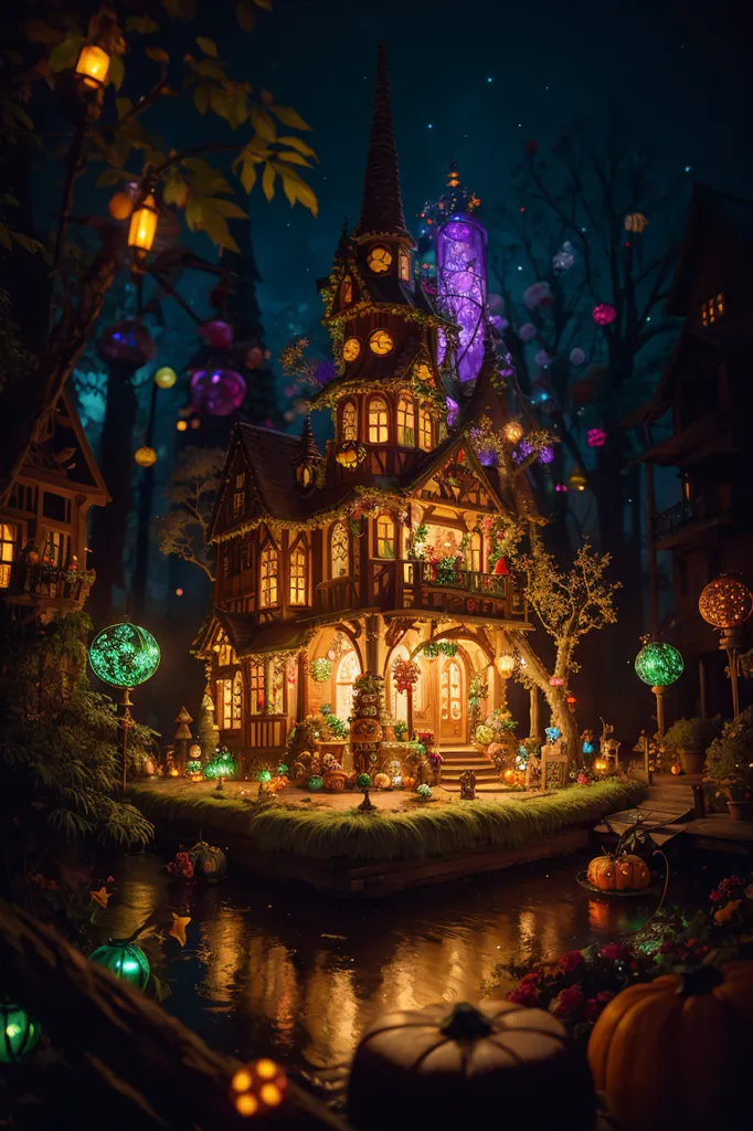 The image is a night view of a magical house in the forest. The house has two stories and a tower. It is made of wood and has a lot of windows. The house is surrounded by trees and flowers. There is a river in front of the house and a small bridge leading to the front door. There are many lanterns and lights hanging from the trees and bushes, and the house is lit up from the inside. The night sky is dark and starry. The image is very peaceful and serene.