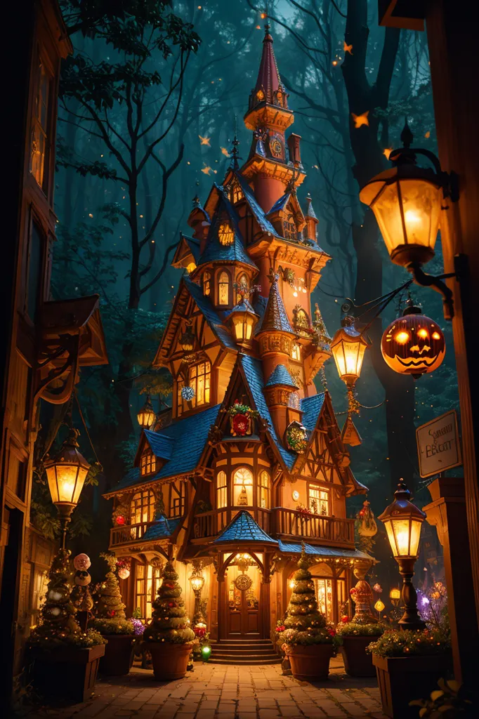 The image is a tall, narrow house with a blue roof and brown walls. It has many windows and a large door. There are trees and bushes around the house, and a path leading up to the front door. The house is decorated with lights and garlands. There is a jack-o-lantern on the right side of the house. The image is in a cartoon style, and the colors are bright and vibrant.