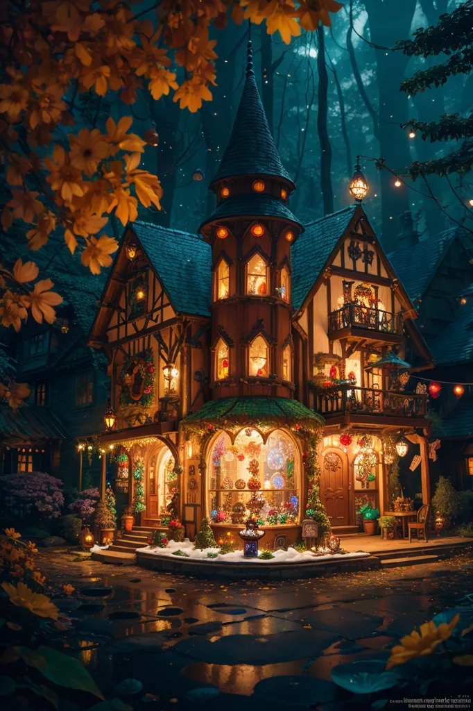 The image is a beautiful depiction of a house in the woods. The house is made of wood and has a blue roof. It is surrounded by trees and flowers, and there is a path leading up to the front door. The night sky is dark and there are stars twinkling in the sky. The house is lit up by warm, inviting lights. The overall atmosphere of the image is one of peace and tranquility.