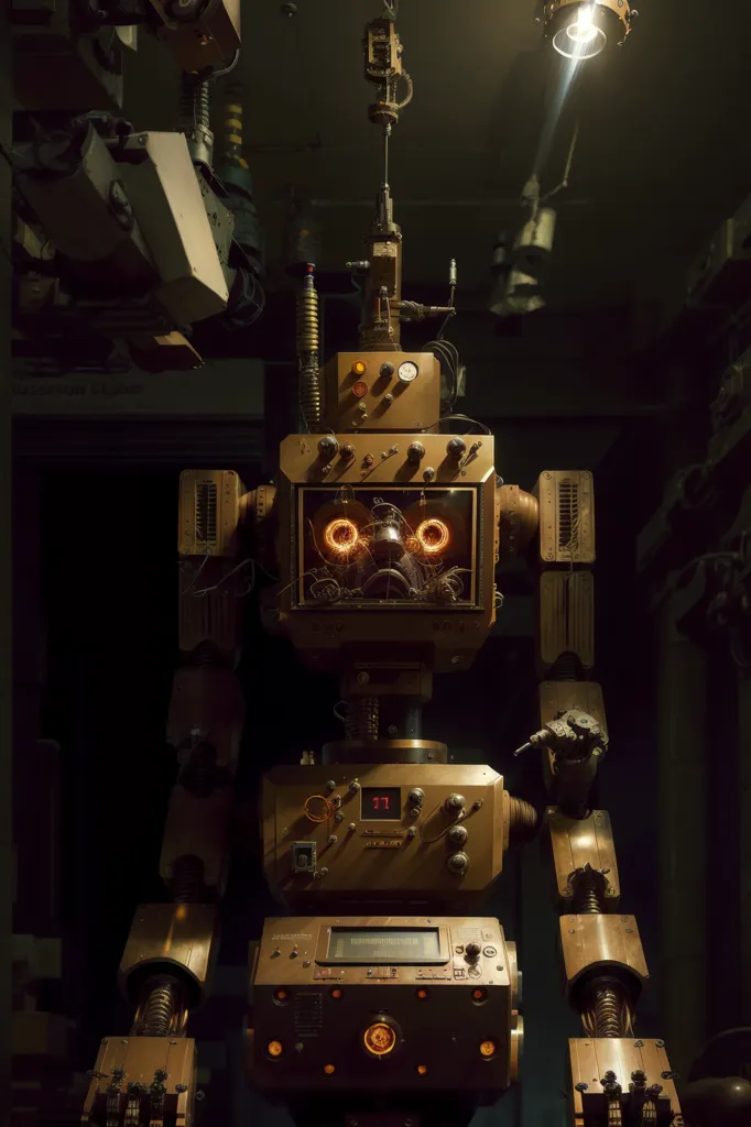 The image shows a steampunk robot standing in a dark room. The robot is made of metal and has a large, square head with a glowing orange eye. It is wearing a brown vest and has a number of wires and tubes attached to its body. The background of the image is dark and shadowy.