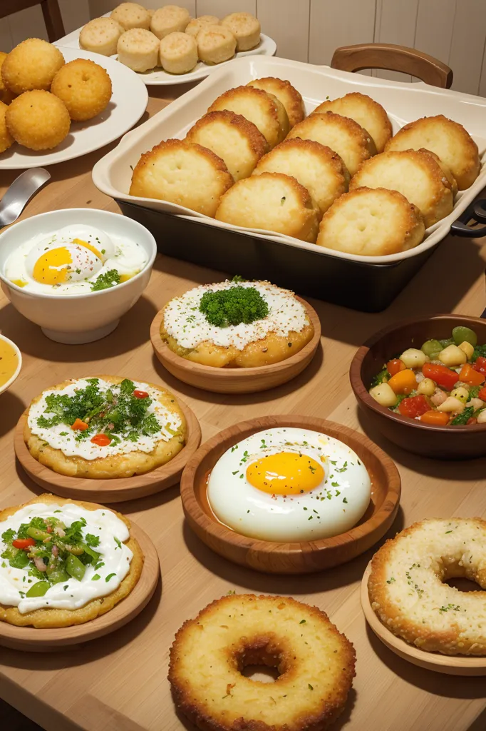 Há muitos pratos de comida em uma mesa de madeira. Há 3 pratos redondos com ovos fritos e algum tipo de molho por cima. Há 2 pratos quadrados com uma tigela de pão com um ovo frito no meio e algum tipo de cobertura no pão. Há uma assadeira grande com pão. Há uma tigela de madeira com uma salada. Há 2 pratos pequenos com pão em forma de rosquinha. Há uma tigela branca com uma sopa.