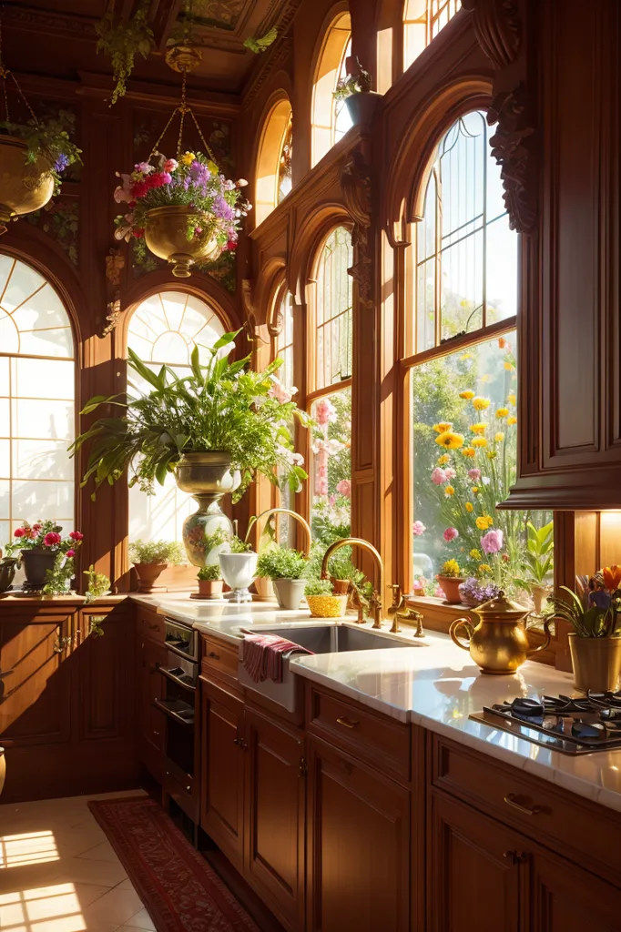 The image is of a beautiful kitchen with a large window. The window is surrounded by wooden frames and stained glass. There are plants and flowers on the windowsill. The kitchen has wooden cabinets and a white countertop. There is a sink in the center of the kitchen. There are two faucets on the sink. There is a copper kettle on the right side of the sink. There are some flowers on the left side of the sink. There is a stove on the right side of the kitchen. There is a red runner rug on the floor.