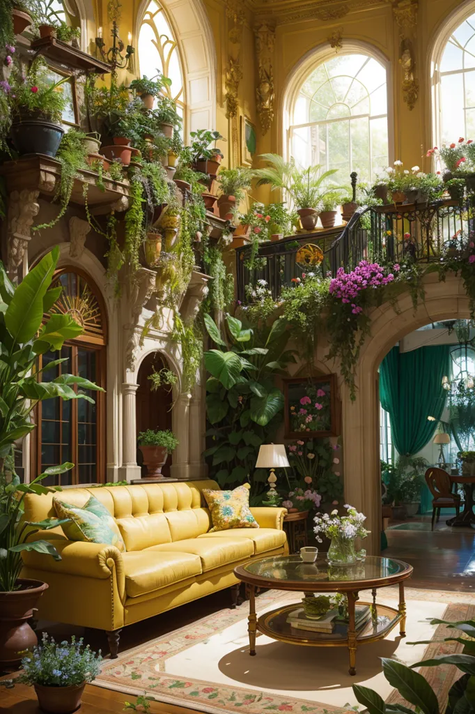 The image is a beautiful sunlit interior of a mansion. There is a yellow leather sofa, a round table with a glass top, and several potted plants. The plants are all different types, and they are all arranged in a very lush and natural way. The walls are a light yellow color, and the floor is covered in a light-colored carpet. There is a large window that lets in plenty of sunlight. The room is very elegant and inviting, and it is clear that a lot of thought has gone into the design.