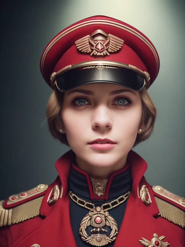 This is a portrait of a young woman in a red military uniform. She is wearing a cap with a gold brim and a red band around the center. The cap has a gold eagle insignia on the front. She is also wearing a gold necklace with a large red jewel in the center. The woman has short blonde hair and blue eyes. Her skin is fair and flawless. She is looking at the viewer with a serious expression.